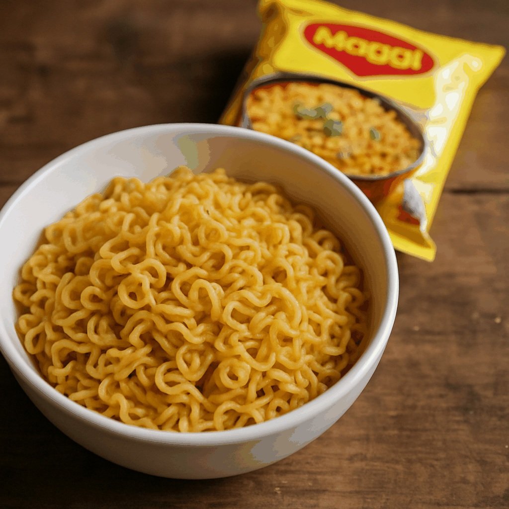 Bowl of cooked Maggi noodles with a Maggi packet